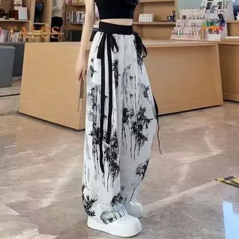 Женские повседневные брюки, шифоновые брюки в китайском стиле с чернильным бамбуковым принтом и широкими летними брюками, украшенными лентами M B