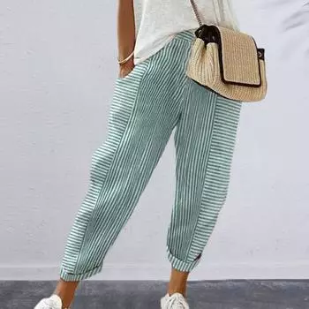 Women Casual Pants Elastic Waist Mid-rise Summer Jacquard Long Pants with Pockets Striped Print Loose Fit Trousers S