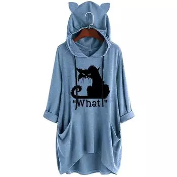 Women Casual Print Cat Ear Hooded Long Sleeves Pocket Top Blouse Shirt XXL
