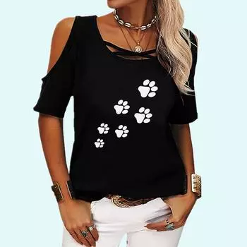 Женская повседневная футболка с принтом, модный топ с открытыми плечами, женская футболка с коротким рукавом и круглым вырезом S розовый