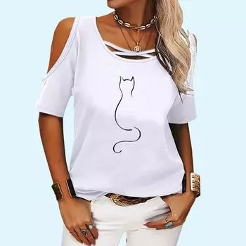 Женская повседневная футболка с круглым воротником, летняя и осенняя модная футболка с коротким рукавом и принтом, женская футболка с открытыми плечами S розовый