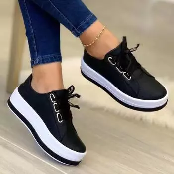 Women Casual Shoes New Lace-Up Womens Sneakers Platform Shoes for Women 2024 Hot Sell Comfortable Women s Flats Zapatos Mujer 35 чёрный