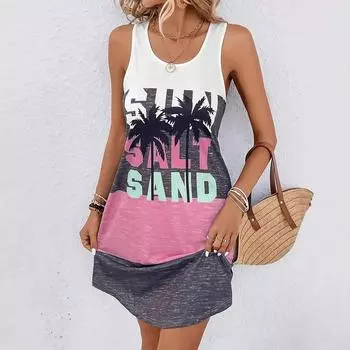 Women Casual Sleeveless Beach Holiday Style Printed One Piece Dress S