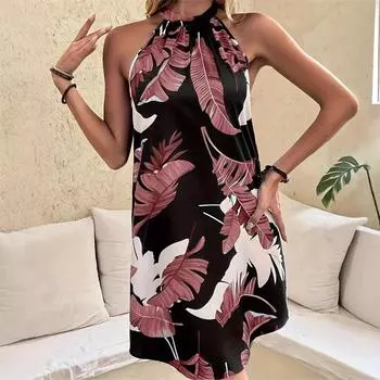 Women Casual Sleeveless O Neck Button Leaves Printed One Piece Dress XXL