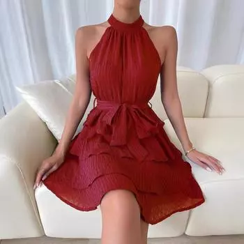 Women Casual Sleeveless Solid Color Bandage Chiffon Tiered Dress S