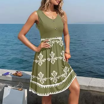 Women Casual Sleeveless Summer Dresses Spring Crewneck Patchwork Boho Floral Cocktail Party Dress L армия зеленый