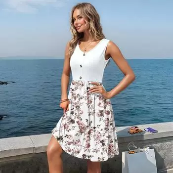 Women Casual Sleeveless Summer Dresses Spring Crewneck Patchwork Boho Floral Cocktail Party Dress L бежевый