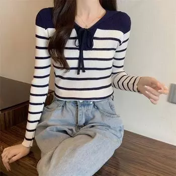 Women casual slim v-neck Sweaters autumn winter stripe Strap straps Tops Woman Knitted Pullovers Long Sleeve Bottoming Sweater One Size