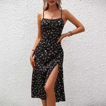 Women Casual Strap Beach Bohemian Holiday Style Dots Printed High Split One Piece Dress S