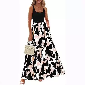 Women Casual Strap Square Collar Printed One Piece Dress S