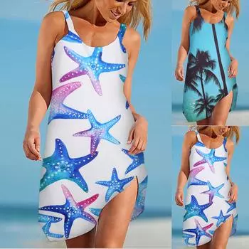 Women Casual Summer Fashion Sexy Sleeveless Printed Loose Beach Dress XXL синий