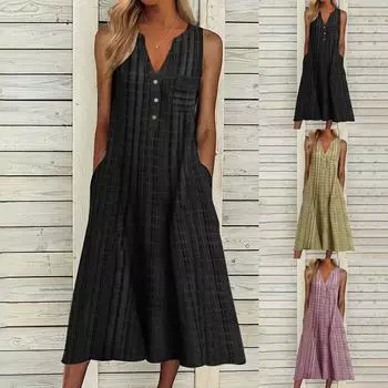 Женское повседневное летнее платье в полоску с V-образным вырезом и карманами без рукавов, праздничное платье L чёрный