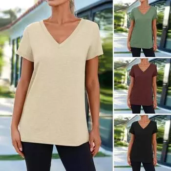 Женская повседневная футболка с v-образным вырезом и короткими рукавами, пуловер, однотонная свободная футболка, эластичная 2XL армия зеленый