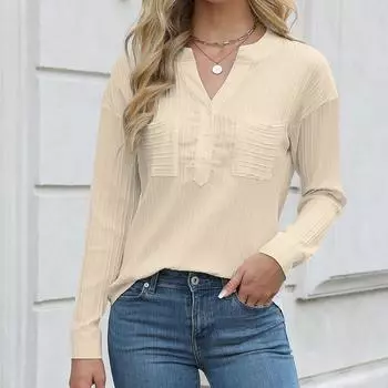 Women Casual V Neck Elegant Blouse Solid 9 Quarter Sleeve Female Buttons Pleated Chest Pocket Striped Shirt Ladies Tops S темно-коричневого