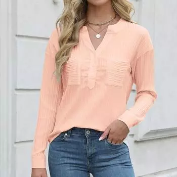 Women Casual V Neck Elegant Blouse Solid 9 Quarter Sleeve Female Buttons Pleated Chest Pocket Striped Shirt Ladies Tops S белый