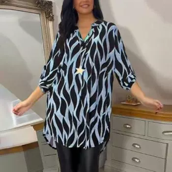 Женская повседневная блузка свободного кроя с V-образным вырезом и коротким рукавом, полосатый принт, рубашка средней длины, рабочая одежда 2XL хаки