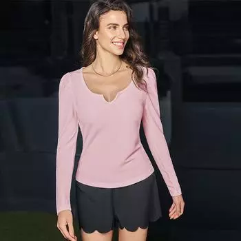 Women Casual V-neck Slimming Fit Pit Strip T-shirt Autumn Fashion Elegant Long Sleeve Solid Color Bottom Tops S розовый