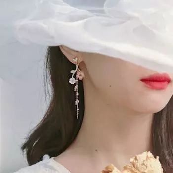 Women Cat Leaves Asymmetric Pearl Fashion Jewelry Flowers Earrings Tassel Earrings Dangle Earrings 02