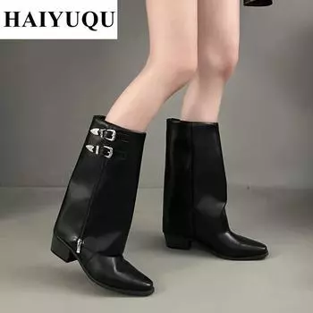 Женские высокие ботинки челси кожаные каблуки обувь зимняя новая мода до середины икры массивные ботинки тренд панк туфли снежные ботинки женские 35