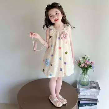 Women Children s Flower Dress Summer 2025 New Baby Thin Vest Dress Summer Clothing Little Girl Sweet Skirts Apricot 90cm