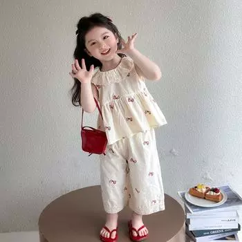 Women Children Sleeveless Set Summer Baby Girl 2025 Doll Collar Vest Summer Little Girl Korean Style Two-piece Set Fashion Image color 90cm
