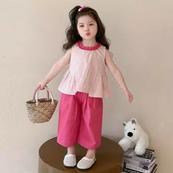 Women Children Sweet Set Summer 2025 New Baby Lace Collar Vest Summer Clothing Little Girl Fashion Two-piece Set Pink 90cm