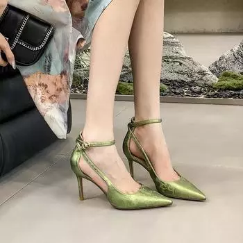 Women Chinese Retro Style Ankle Strap High Heels Green Designer Stiletto Heels Female Pumps Ladies Party Prom Shoes 2024 New 34