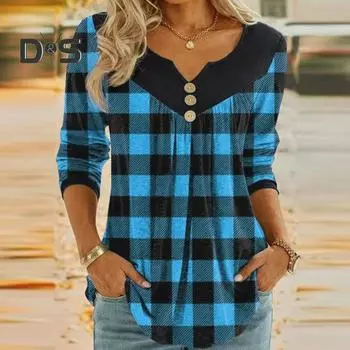 Women Christmas Plaid Stitching Print Blouse V neck Long Sleeve Tunic Tops Buttons Decor Mid length Tops Streetwear M серый