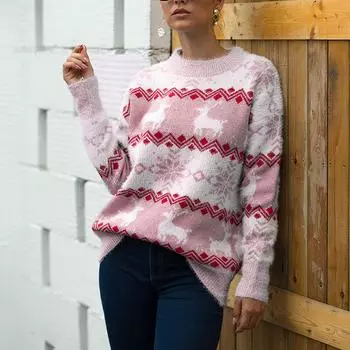 Women Christmas Sweater Long Sleeve Printed knitting Sweater Tops S