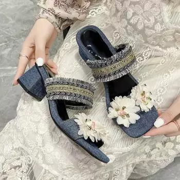 Женские тапочки из плотного денима с цветочным принтом Женские сандалии Платье Летние шлепанцы Туфли Летняя мода Туфли-лодочки Новые женские шлепанцы Zapatos 36 чёрный