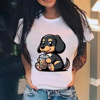 Женская одежда Футболка с изображением собаки таксы и пузыря, повседневная футболка с коротким рукавом в стиле Харадзюку, футболки со смешной графикой, топы Y2k, женская одежда S