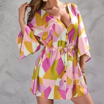 Женская одежда V-образный вырез рукав полудлина летнее платье новые стили короткая юбка хит продаж летом S чёрный