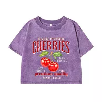 Women Cotton Crop Washed T-Shirts Hand Picked Cherries Prints Short Sleeve Distressed Tops Female Street Clothes M