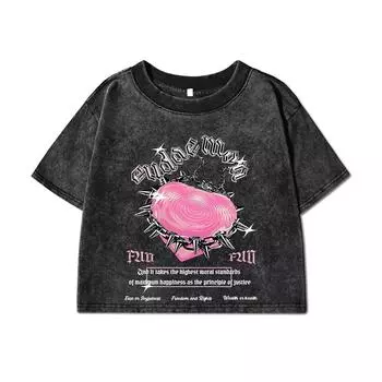 Women Cotton Crop Washed T-Shirts Street Life Women S Heart Slogan Prints Tops Oversize O-Neck Distressed Clothes M