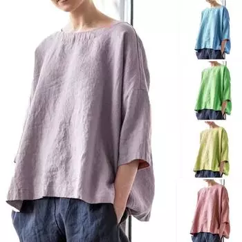 Women Cotton Linen Blouse Tops Summer Female O-Neck Solid Color Vintage Beachwear Holiday Blouse Shirts XXXXXL синий