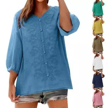 Women Cotton Linen Tops Summer 3/4 Sleeve Embroidered Shirts Loose V-Neck Boho Tees Vintage Blouses XL розовый