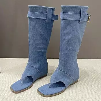 Женские ковбойские сапоги до колена, сандалии, туфли на плоской подошве с застежкой-молнией, осень 2024, новые дизайнерские кроссовки для ходьбы, удобный бренд Mujer Zapatos 35 синий