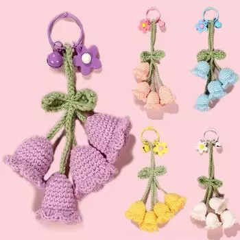 Women Crocheted Bag Pendants Bell Orchid Keychain With Bell Handbag Charms Handmade Knitted Cute Wind Chimes Flower Keyring