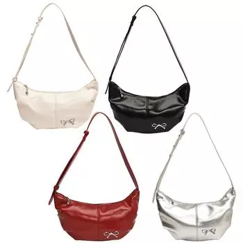 Женская сумка через плечо с металлическим бантом из искусственной кожи с полумесяцем, регулируемый ремень, сумка для пельменей, однотонная, для отпуска, путешествий, поездок на работу чёрный