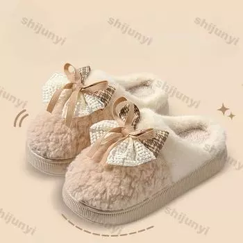 Women Cute Bow Plush Cotton Slippers 2025 Winter New Soft Thick Bottom Indoor Slippers Female Non-Slip Flat Heels Home Shoes 36-37 абрикосовый