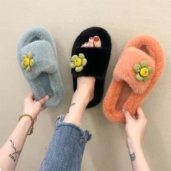 Women Cute Flower Decor Plush Slippers Kawaii Cozy open Toe Fuzzy House Shoes Winter Women Warm Comfortable Home Slippers 35