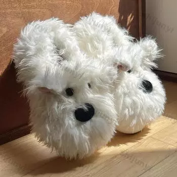 Women Cute Puppy Cotton Slippers 2025 Winter Soft Indoor Warm Slippers Woman Non-Slip Plush Soft Soled Flat Home Cotton Slippers 36-37