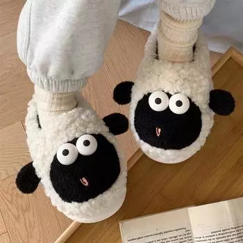 Women Cute Sheep Warm Cotton Slippers Fluffy Furry Home Platform Slippers Female Winter Plush Slides Lovely Indoor Fuzzy Shoes 38-39 серый