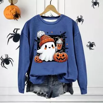 Women Daily Wear Top Women s Halloween Sweatshirt with Cartoon Pumpkin Bat Ghost Print Crew Neck Long Sleeves Pullover for Daily S синий