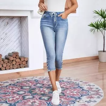 Women Denim Jeans Drawstring Waist Calf-Length Stretch Jeans Skinny Slim Pencil Pants S синий