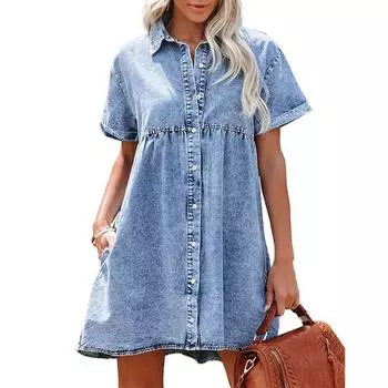 Women Denim Shirt Dresses Short Sleeve Turn Down Collar Jean Dress Single-breasted Casual Top Loose Ruffled Edge Women Dresses XXL белый