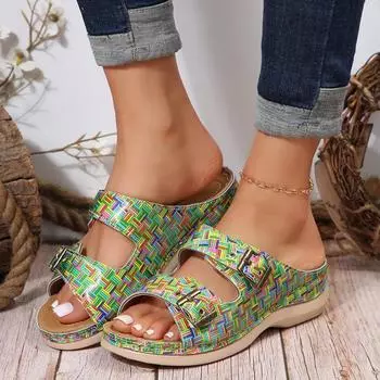 Women Double Buckle Wedge Heeled Sandals Female Summer New Clip Toe Platform Slippers Women Comfortable Thick Sole Flip Flops 43 36 хаки