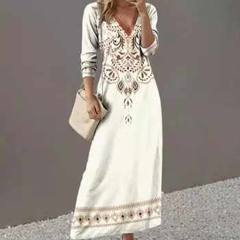 Women Dress Ethnic Style Print V Neck Long Sleeve Bohemian Loose A-line Pullover Soft Ankle M белый