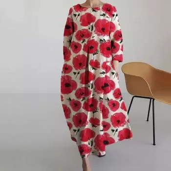 Женское платье с цветочным принтом, большой подол, длинная шея и рукава, свободный круглый принт, трапециевидные боковые карманы, плиссированные XL чёрный