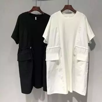 Women Dresses Fat Extra Large Size Drawstring Waist Stitching Short Sleeve Dress Female Summer Loose Clothing XXXXL белый